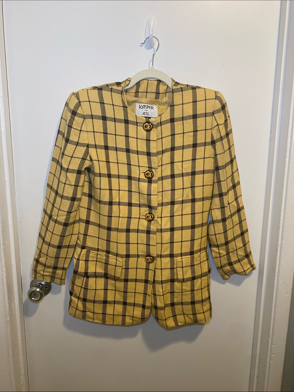 Kasper Yellow Plaid Collarless Blazer with Gold Buttons